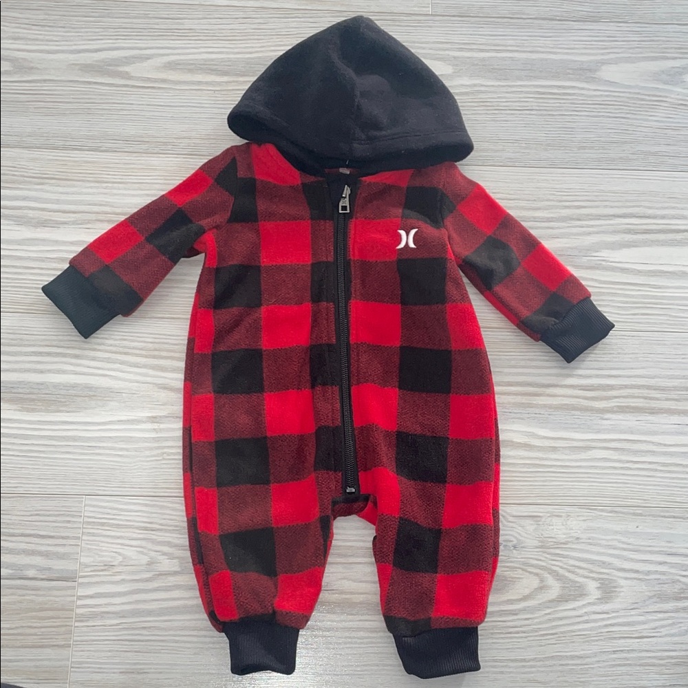 Hurley Boys Plaid One-Piece Outfit 3M Red Black Hooded